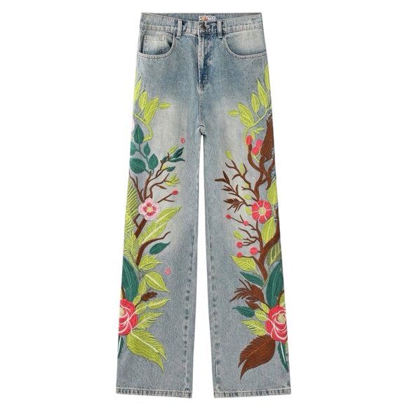 VeryRare Sakura Demi Jeans Size M Blue Pants Denim Embroidered Cherry Blossom - Picture 6 of 16